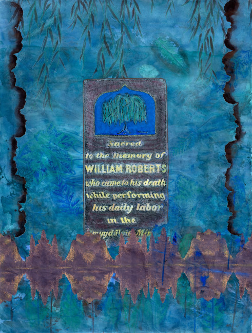 Liz Ward Daily Labor, 2020 watercolor, pastel, graphite, conté, wax-crayon gravestone rubbing, and collage of ink-jet print on Japanese paper 46" x 35" LW 305 Moody Gallery
