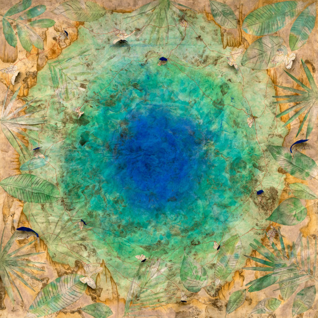 Liz Ward Cenote: Earth's Eye, 2021 watercolor, gouache, pastel, and collage on Mexican amate paper 45 1/2” x 45 1/2” LW 337