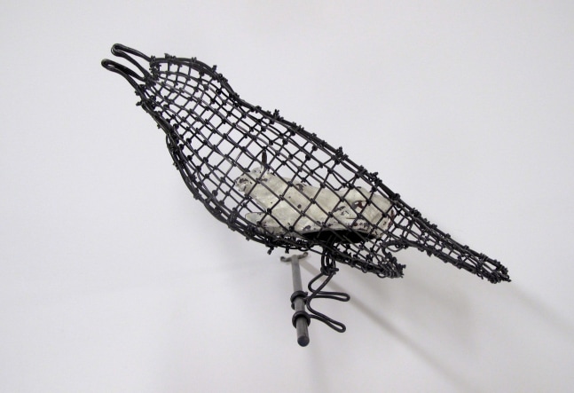 Helen Altman Resting White Cow / Bird, 2023 steel wire, vintage Britains lead cow, metal perch 5" x 8" x 6" HA 843