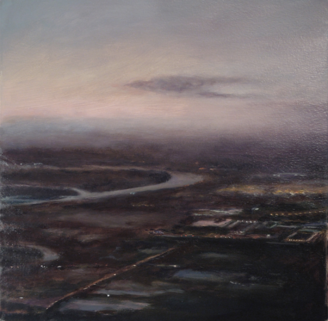 Jean Carruthers Wetta Skyview with River, 2013 oil on multi-media board 16" x 16" JCW 12 moody gallery