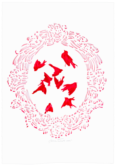 James Drake Red Sparrows, 2025 charcoal on hand-cut paper 44" x 30" JD 415, Moody Gallery