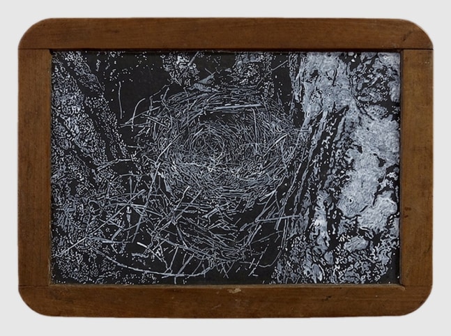 Helen Altman Nest 5, 2019 acrylic on slate chalkboard 7 3/4" x 10 3/4" x 3/8" HA 752, Moody Gallery
