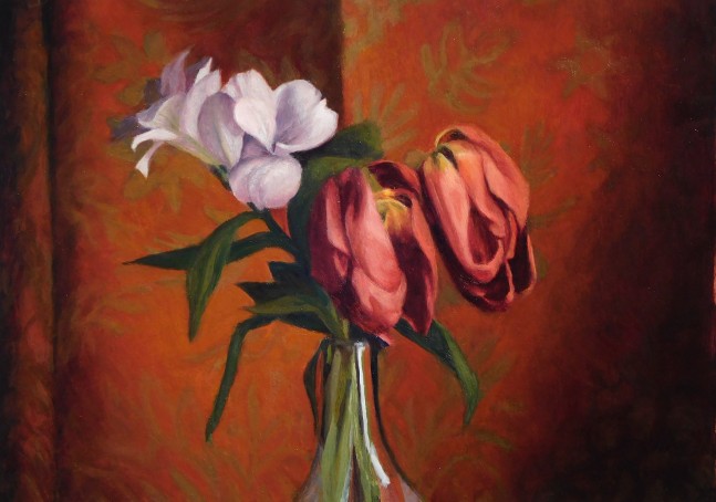 Jean Carruthers Wetta Red & Lavender Flowers, 2019 oil on multi-media board 10" x 14" JCW 130 Moody gallery