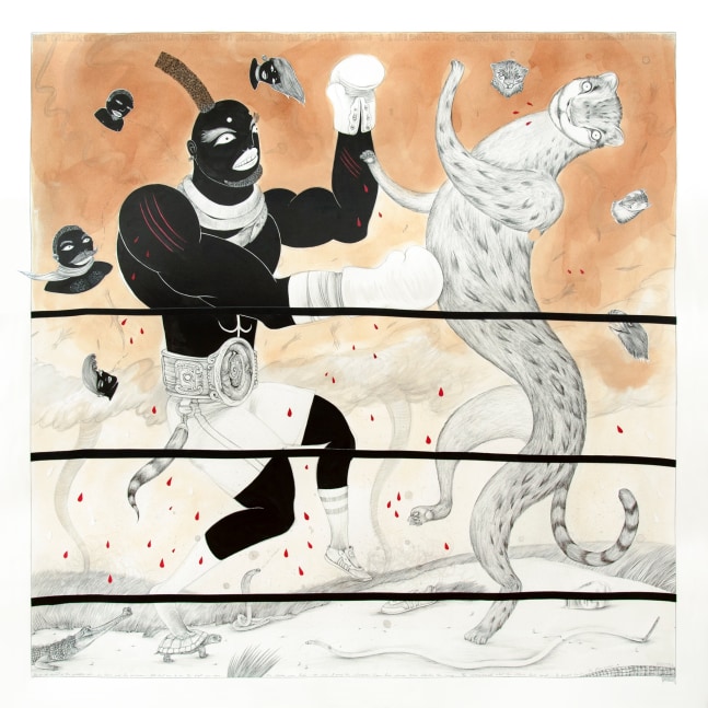 Lawrence Lee Ocelot, 2011 graphite, ink, tea stains on paper 44" x 44" LLE 33 Moody Gallery