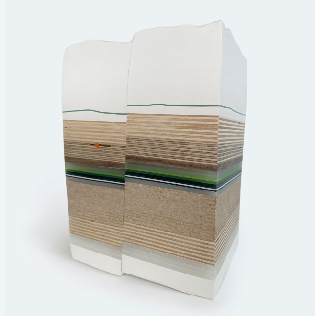 Bethany Johnson Findings: Orange Point, 2023 chipboard, cork, paper, plastic, plywood, vinyl, wood 7 1/2” x 5 1/2” x 3 3/4” BJ 177 Moody Gallery