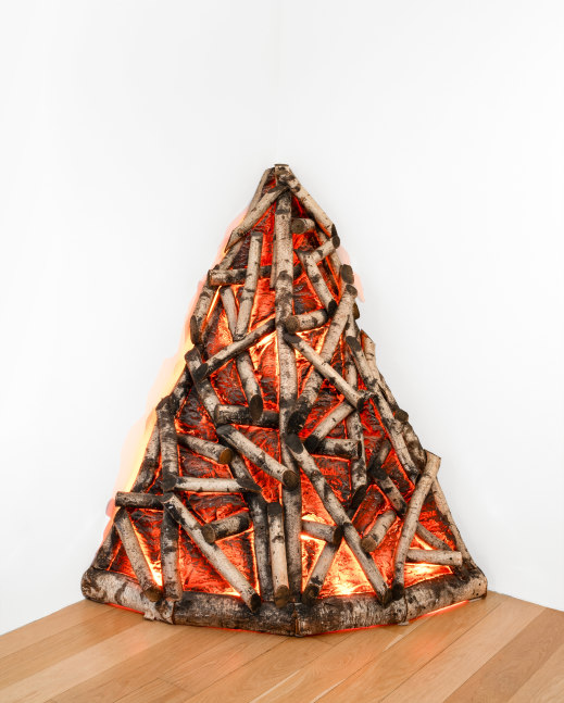 Helen Altman - "Corner Campfire", 1992 birchwood, paint, plastic and misc. elements 54" x 48" x 37" MC 1174, Moody Gallery