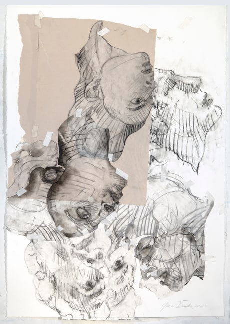 James Drake Forgiveness (Five Heads), 2021 charcoal, pencil, tape on paper 40" x 28" JD 275 Moody Gallery