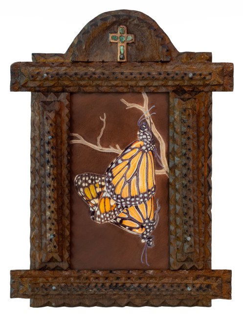 Ellen Tanner
Monarchs, 2025
oil on panel, Tramp art frame
4 1/2" x 2 3/4"
ET 66
 