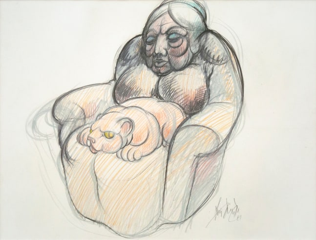 Luis Jiménez Study for Woman with Cat, 1969 colored pencil drawing 19" x 25" MC 1007 Moody Gallery