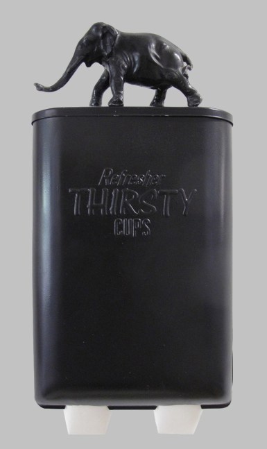 Helen Altman Thirsty Cups, 2018 vintage cup dispenser, cups, found object, paint 13" x 6 1/4" x 3" HA 703 Moody Gallery