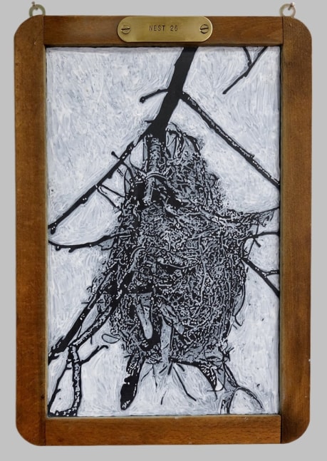 Helen Altman Nest 26, 2020 acrylic on vintage slate chalkboard and brass label 13" x 8 3/4" HA 807 Moody Gallery
