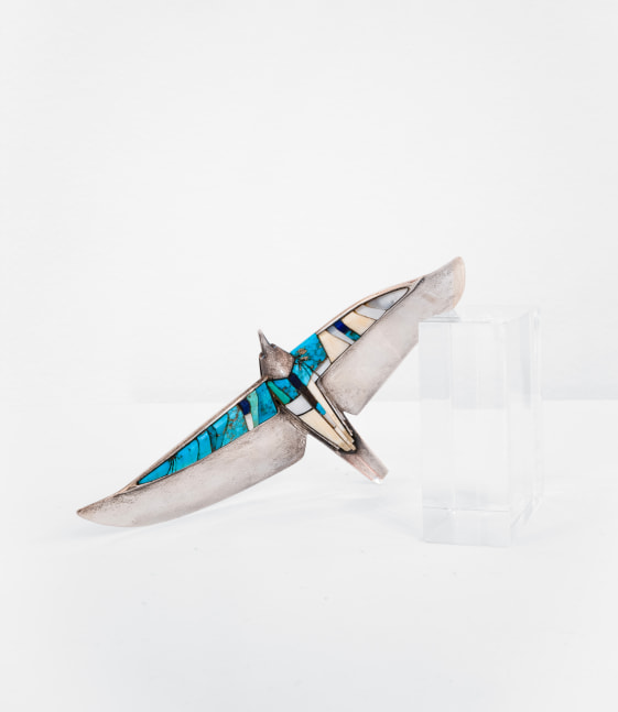 Bill Steffy Bird, 2006 fabricated silver with inlay of turquoise, bone, mother of pearl, and lapis 5 1/5" x 3" x 1 1/4" BS 598, Moody Gallery