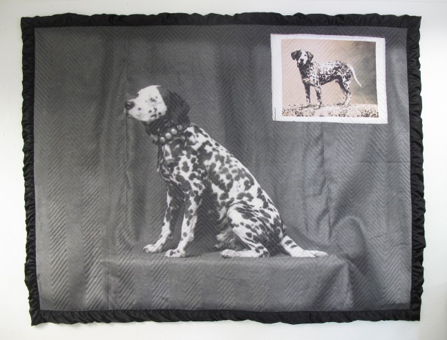 Helen Altman 2 Spotted Dogs, 2017 thermal transfers, satin binding, handkerchief and thread 69" x 89" x 1" approx. HA 647 Moody Gallery