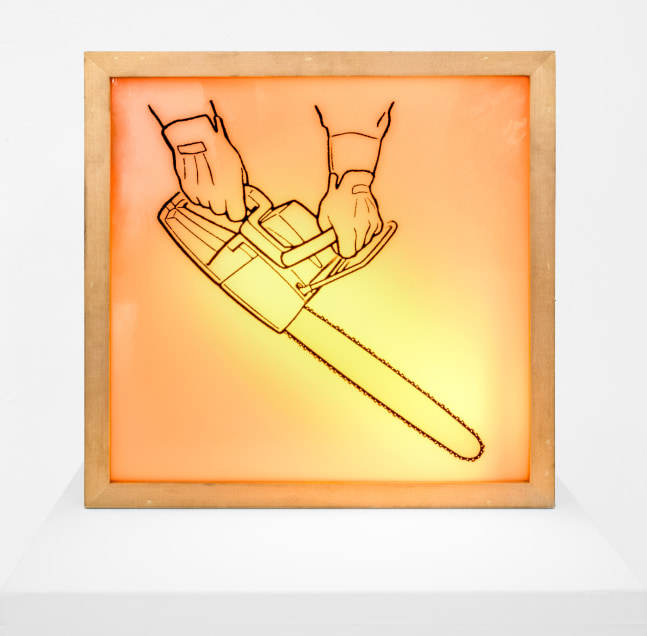 MANUAL (Hill & Bloom) Chainsaw Demo, 1991 lightbox, Durtan, ed:1/1 unique 13 1/4" x 13 3/8" x 4 3/4" M 288