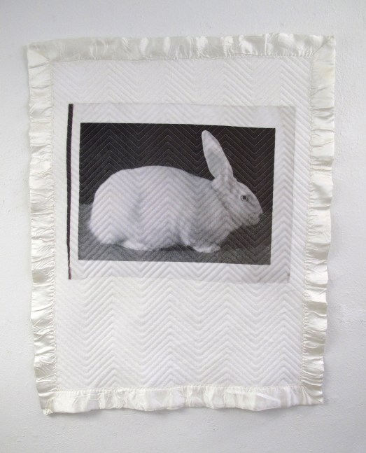 Helen Altman Small Blanket (White Rabbit), 2016 thermal transfer, quilted vintage baby blanket, thread 43" x 34" approx. HA 594 Moody Gallery