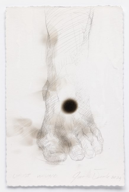 James Drake Christ Wound, 2024 silverpoint, smoke residue on burnt and gessoed paper 11 1/2" x 7 1/2" JD 374, Moody Gallery