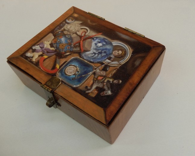 Jean Carruthers Wetta Memories from Yvonne 2014 oil on found wooden box 7 7/8" x 6 3/8" x 2 7/8" JCW 65 Moody Gallery