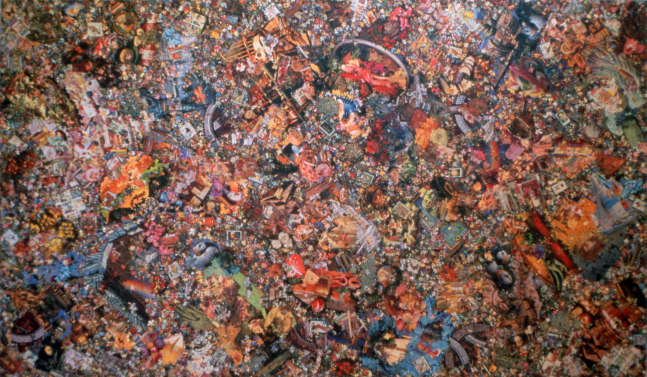 Al Souza Snare Mike, 1998 puzzle parts, glue on wood 84" x 144" Moody gallery
