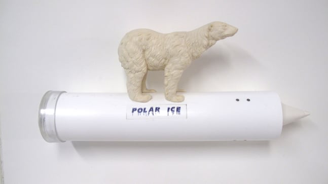 Helen Altman Polar Ice (2), 2019 cup dispenser, found object, paper cups and laser copy labels 9” x 19” x 4 1/4” Moody Gallery