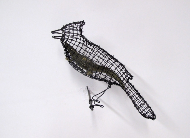 Helen Altman Gator / Jay, 2023 steel wire, vintage Britains lead alligator, metal perch 7" x 11 1/2" x 5 1/2" HA 858