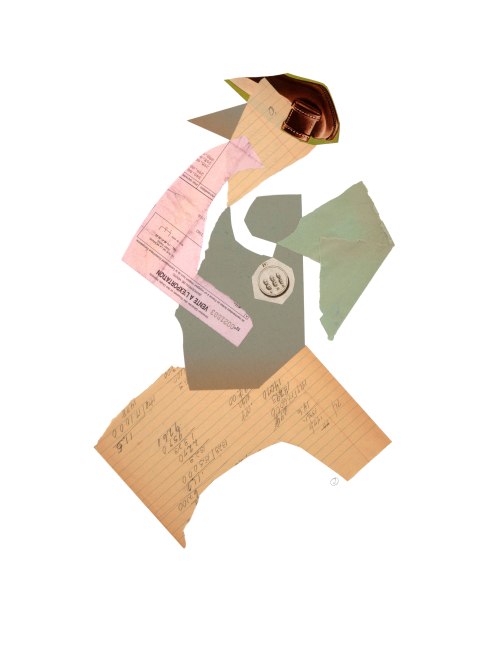 Jerry Jeanmard Runner with Shoe on Head, 2019 collage on paper 24 1/4" x 18 1/4" JJ 203 Moody Gallery