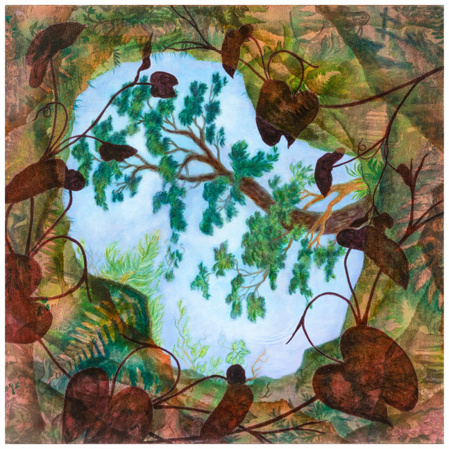 Liz Ward Earth's Eye, 2024 oil on printed fabric on panel 16" x 16" LW 322 Moody Gallery