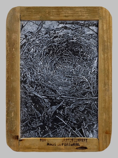 Helen Altman Nest 3, 2019 acrylic on slate chalkboard 7 1/2" x 5 1/2" x 1/4" HA 750, Moody Gallery