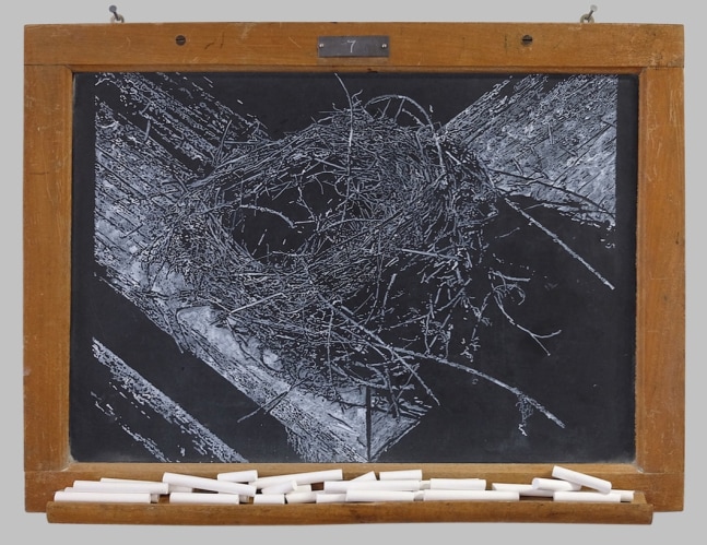 Helen Altman Nest 7, 2019 acrylic on slate chalkboard, lead and chalk 17 1/4" x 22 3/4" x 2" HA 754, Moody Gallery