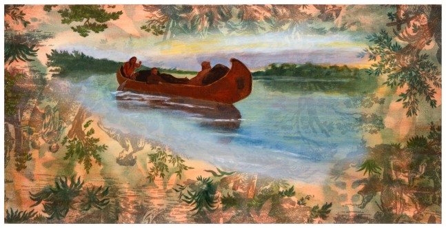Liz Ward Marquette and Joliet on the Mississippi (after Berminghaus), 2024 oil on printed fabric on panel 12" x 24" LW 323 Moody Gallery