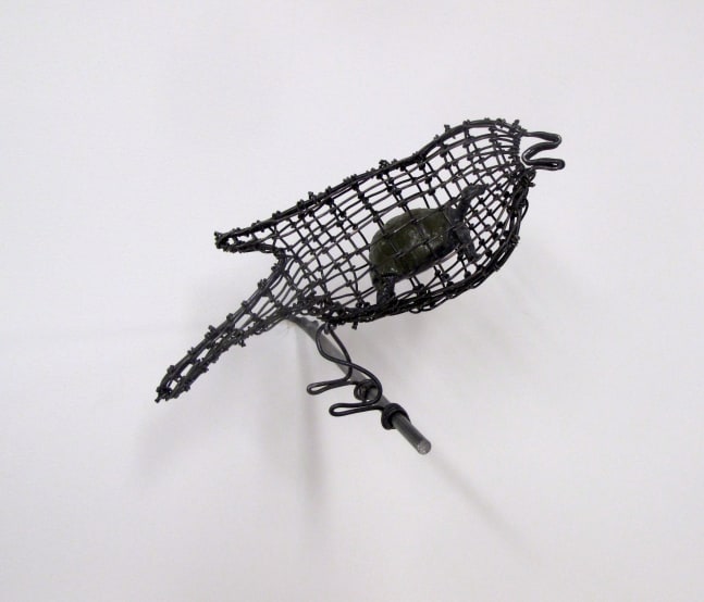 Helen Altman Tortoise / Bird, 2023 steel wire, vintage Britains lead tortoise, metal perch 4 1/2" x 5 1/2" x 5 1/2" HA 845
