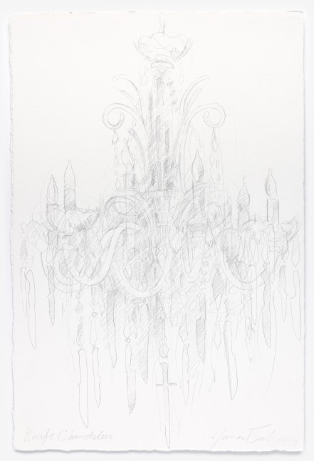 James Drake Knife Chandelier, 2024 silverpoint on gessoed paper 22 3/4" x 15 1/4" JD 385, Moody Gallery