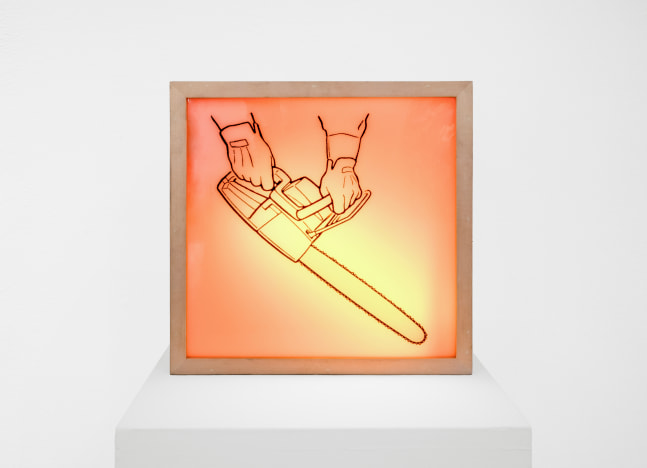 MANUAL (Hill & Bloom) Chainsaw Demo, 1991 lightbox, Durtan, ed:1/1 unique 13 1/4" x 13 3/8" x 4 3/4" M 288