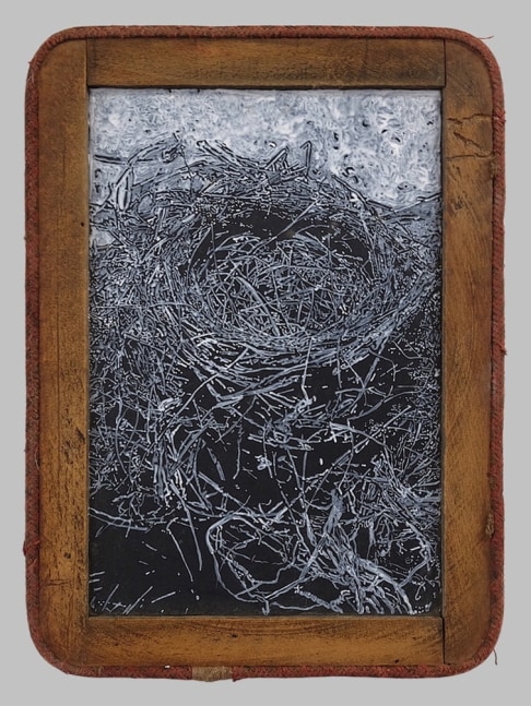 Helen Altman Nest 8, 2019 acrylic on slate chalkboard 11" x 8 1/4" x 3/8" HA 755, Moody Gallery