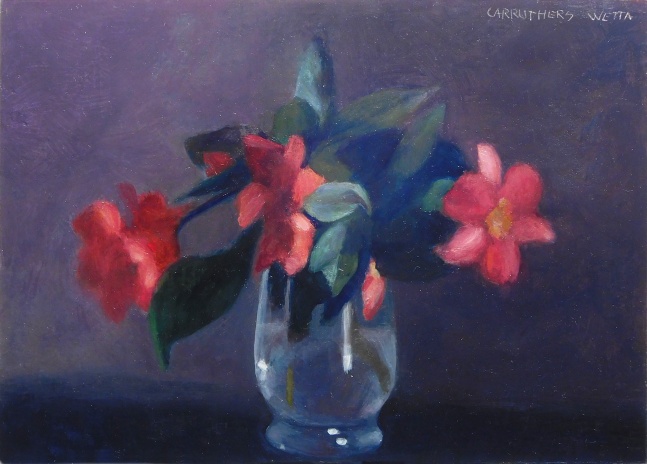 Jean Carruthers Wetta Red Flowers in a Water Glass, 2016 oil on multi-media artboard 5" x 7" JCW 70 Moody Gallery