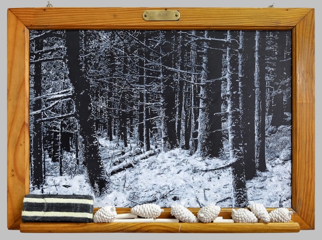 Helen Altman
Pines, 2023
acrylic on vintage slate chalkboard, cast plaster, eraser, chalk and brass tag
17" x 23" x 2"
HA 837