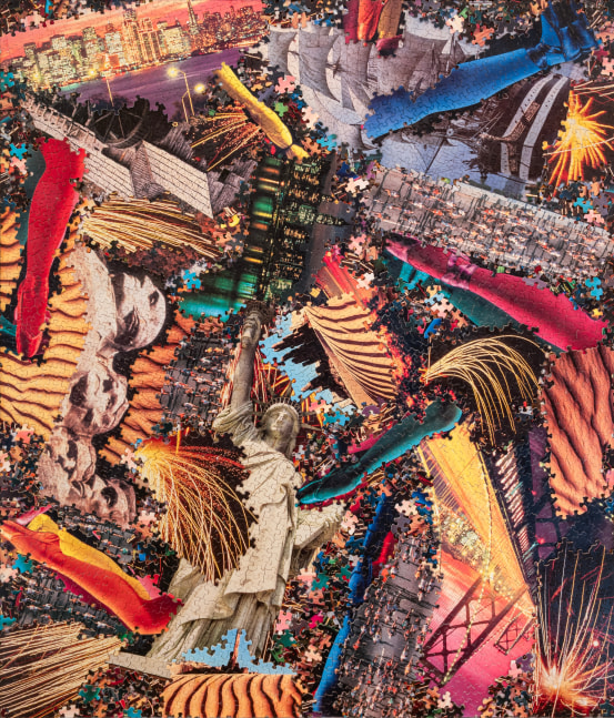 Al Souza American Marathon, 2001 puzzle parts and glue on wood 48" x 41" MC 876 Moody Gallery