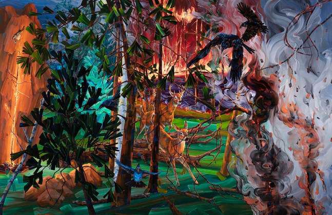 Melissa Miller Forest Fire, 2019 oil on canvas 65" x 100" MM 79, Moody Gallery