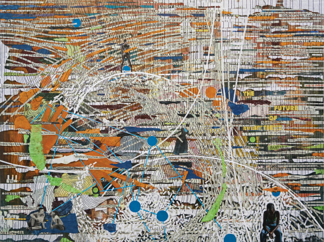 Sherry Tseng Hill warp and woof, 2025 de-acidified newsprint, lotka and mulberry paper, acrylic on canvas 36" x 48" STH 83