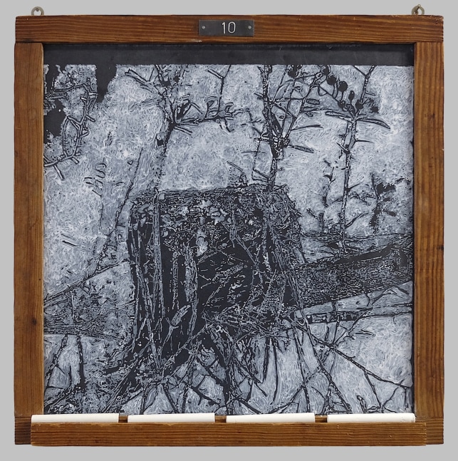 Helen Altman Nest 10, 2019 acrylic on slate chalkboard, lead and chalk 16 1/2" x 16" x 1 1/8" HA 757, Moody Gallery
