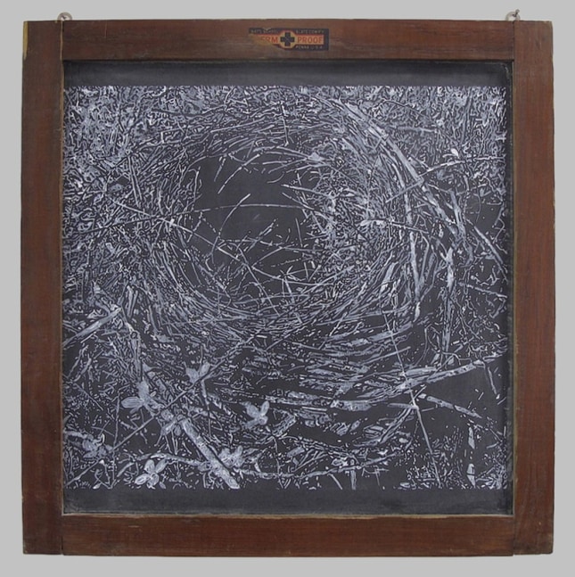 Helen Altman Nest 9, 2019 acrylic on slate chalkboard 17" x 16 1/2" x 3/4" HA 756, Moody Gallery