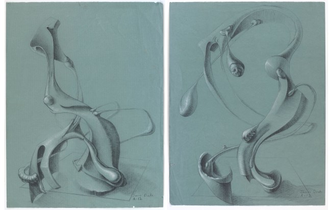 James Drake Magical Form 1 & 2 (For Lorser Feitelson), 1966 charcoal, conte crayon on paper 24 1/2" x 18 1/2" each JD 305
