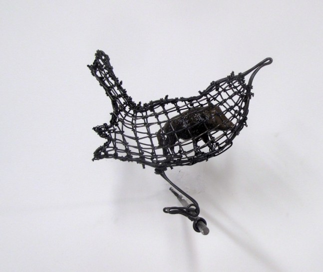 Helen Altman Wild Boar / Wren, 2023 steel wire, vintage Britains lead boar, metal perch 5 1/4" x 5 1/4" x 5 1/2" HA 850