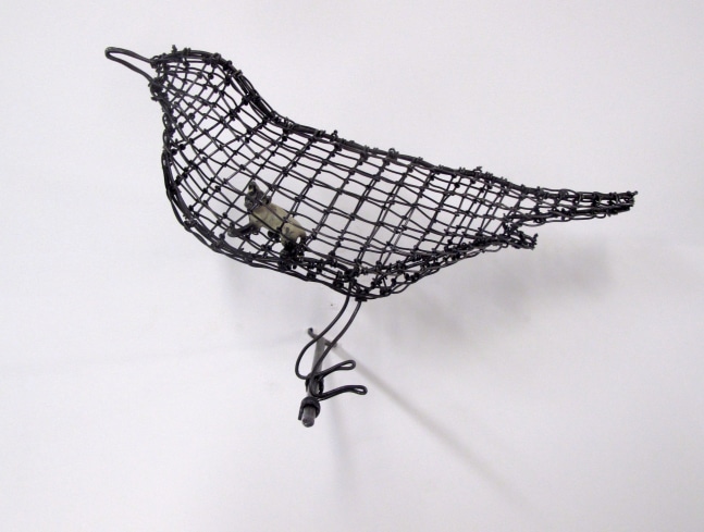 Helen Altman Little Cat / Bird, 2023 steel wire, found object, metal perch 6" x 9" x 5" HA 859