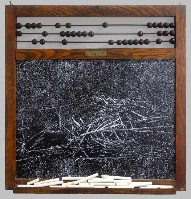 Helen Altman Pile, 2021 acrylic on vintage slate chalkboard, chalk, and brass label 24" x 23 1/4" x 2" HA 796 Moody Gallery