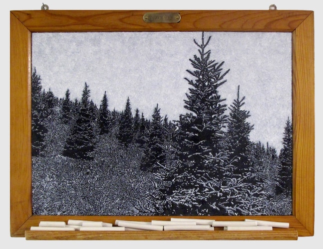 Helen Altman Hillside Trees, 2021 acrylic on vintage slate chalkboard and chalk 17" x 22 1/2" x 2" HA 782 Moody Gallery