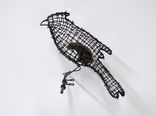 Helen Altman Tiger / Bird, 2023 steel wire, vintage Britains lead tiger, metal perch 5 1/2" x 8" x 5 1/2" HA 853