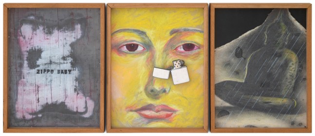 Terry Allen Zippo Baby (Study) - Youth in Asia Series, 1985 mixed media (3 parts) 11 1/2" x 27" installed (3 parts @ 11 1/2" x 9" each) MC 1043 Moody Gallery