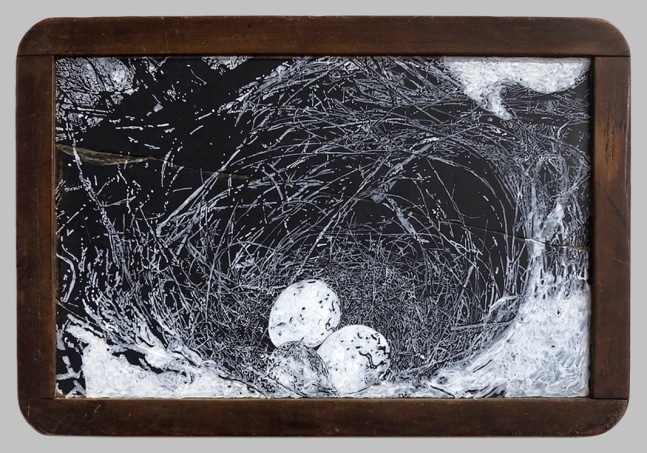Helen Altman Mended Nest, 2020 acrylic on vintage slate chalkboard and brass label 8 3/4" x 12 3/4" HA 810 Moody Gallery