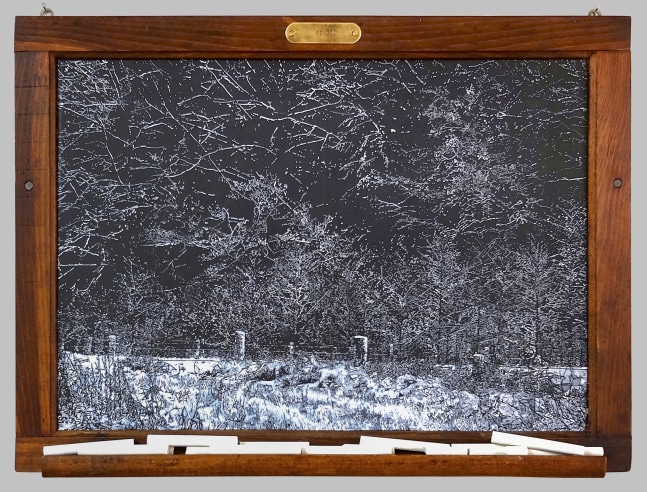 Helen Altman
Fences, 2023
acrylic on vintage slate chalkboard, chalk and brass tag
17" x 22 1/2" x 2"
HA 838