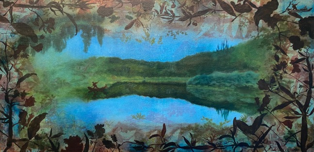 Liz Ward
Lake Eliza, 2024
oil on printed fabric on panel
12" x 24”
LW 333